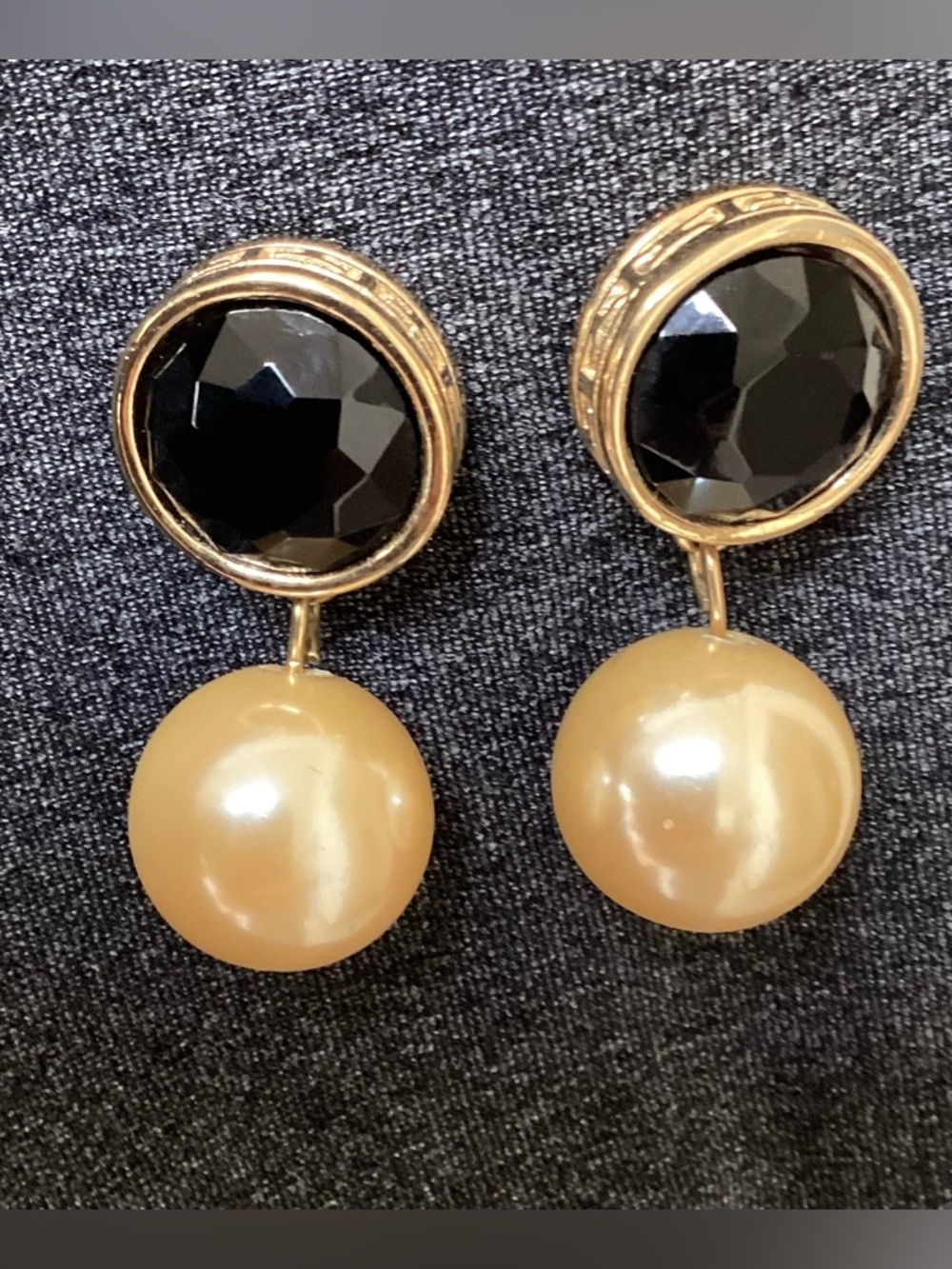 Vtg statement 80s Givenchy Black Crystal and Champagne Faux Pearl Drop Earrings